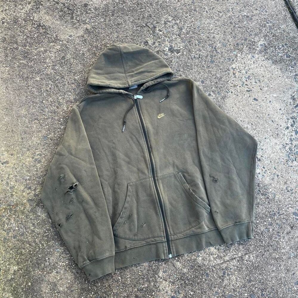 Vintage 2000s Nike Distressed Y2K Zip Up Hoodie Olive Green